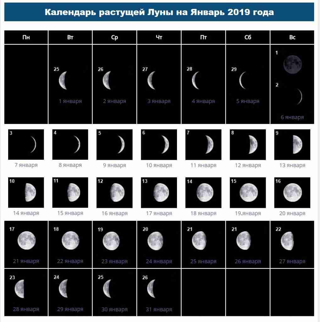 Лунный календарь январь 2019 — с какого числа Растущая Луна в январе 2019, фазы луны 